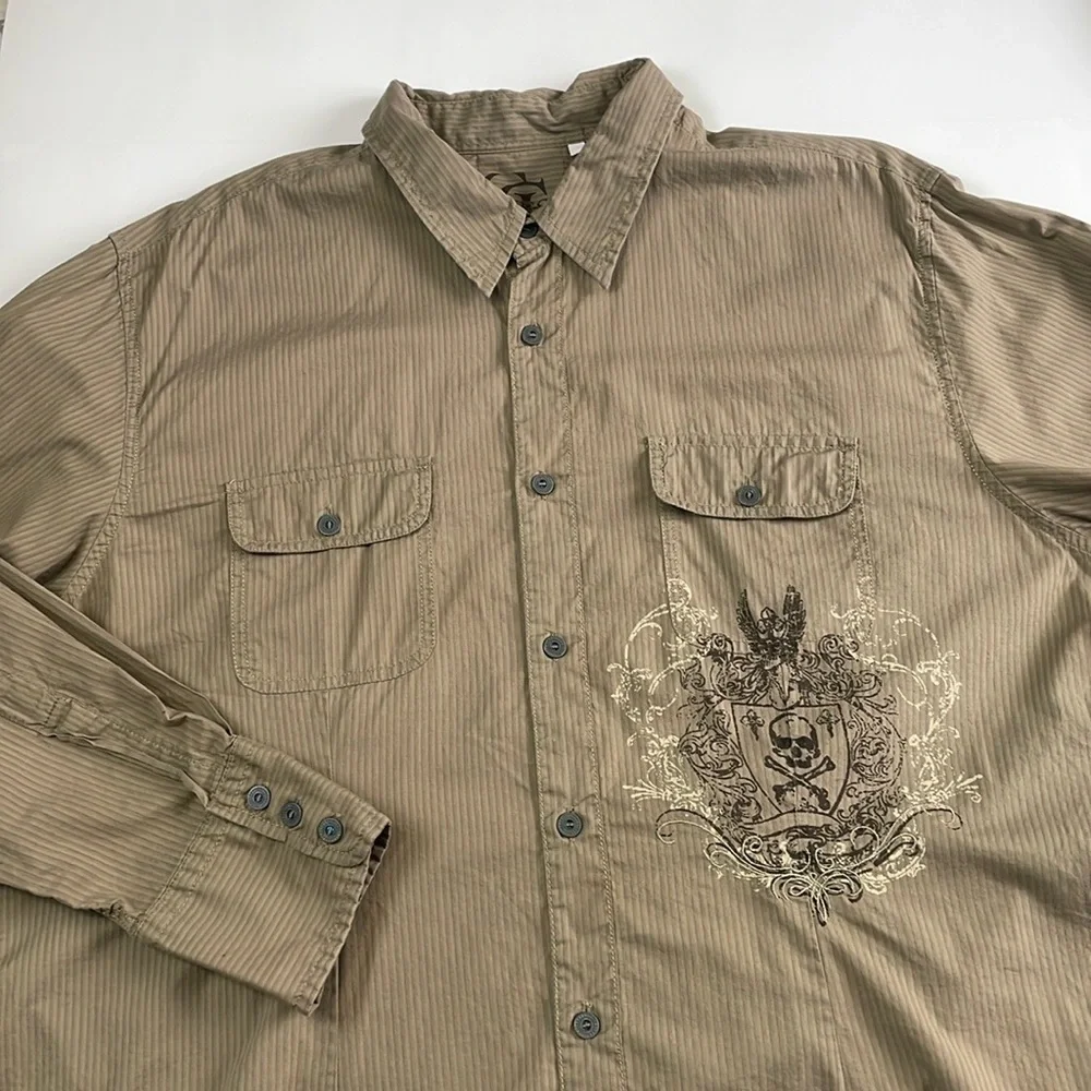 VTG GUESS Y2K Men’s Button Down Shirt Skull Graphics Print Size XXL Tan Stripes - Picture 1 of 16